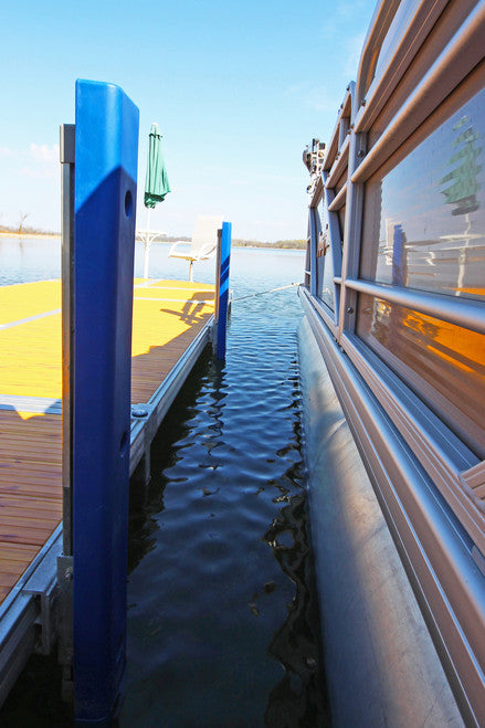 installed blue ShoreMaster Vertical Dock Bumper